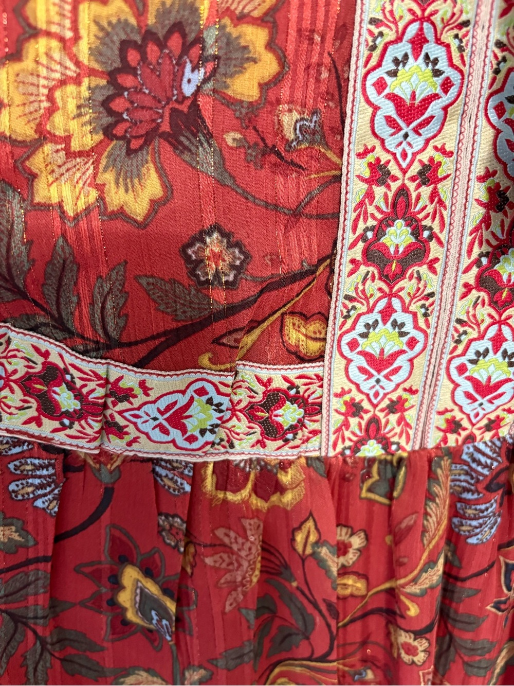 Frye & Co Boho Rust Floral Metallic Pintuck Midi Dress Cottagecore Peasant Sz XS - Picture 3 of 9